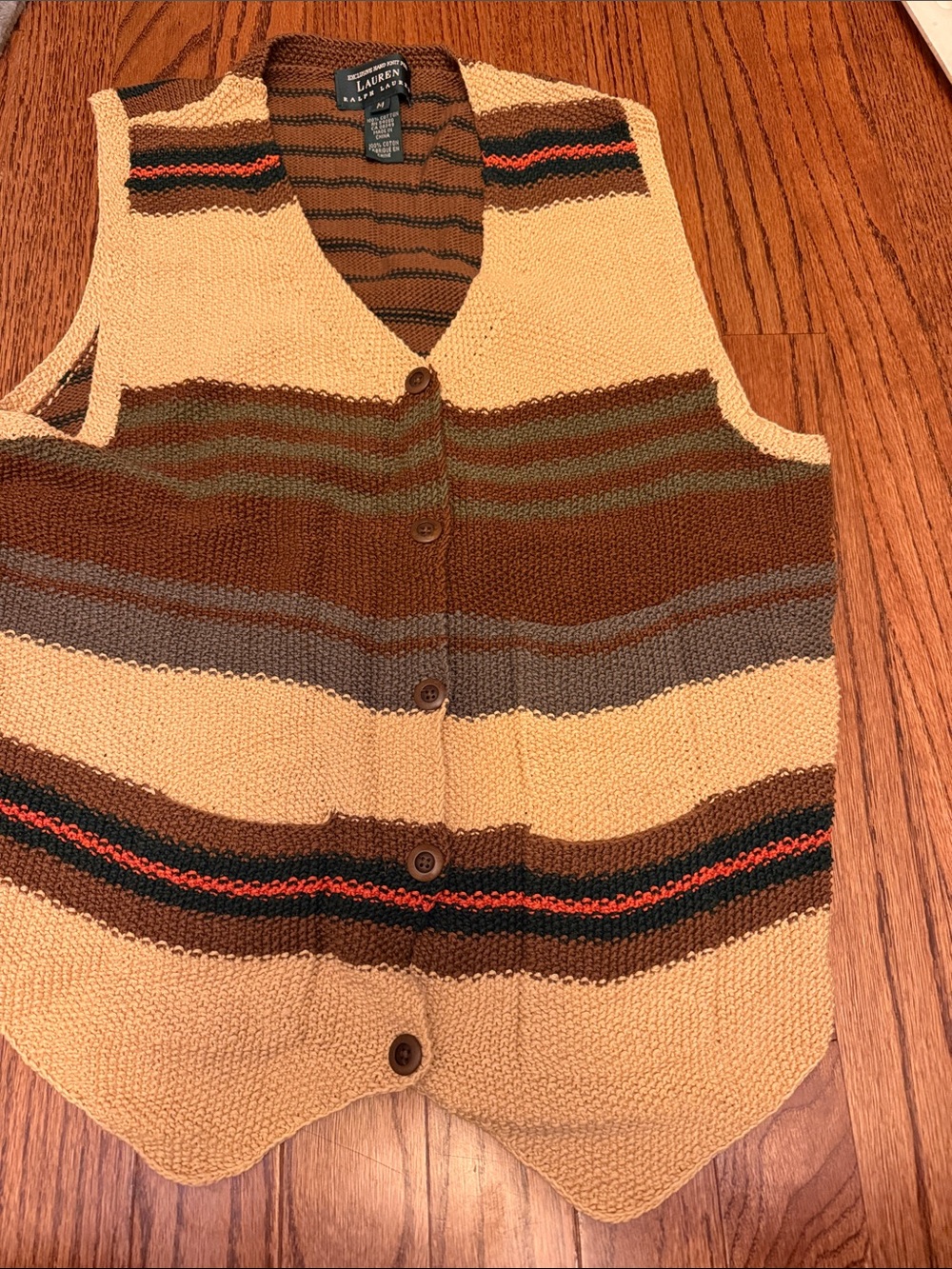 Lauren Ralph Lauren Cream, Brown and Green Striped V-Neck Knit Vest boho Vtg
